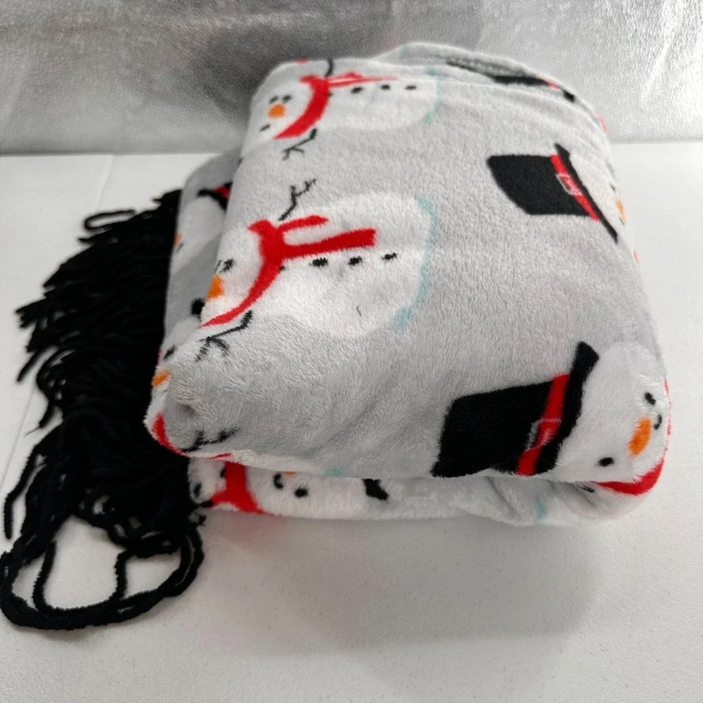 Happy Holidays Crest Mills Snowman Throw Blanket Polyester Black Fringe‎ 66x47